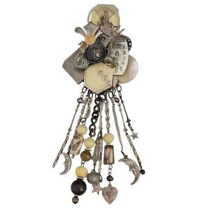 Lisa Carlson Artisan Steam Punk Multi Charm Chatelaine Brooch, Signed